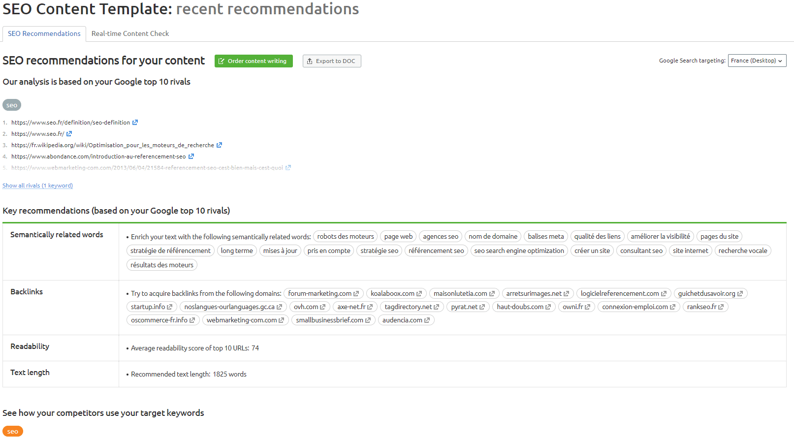 seo content template sur semrush