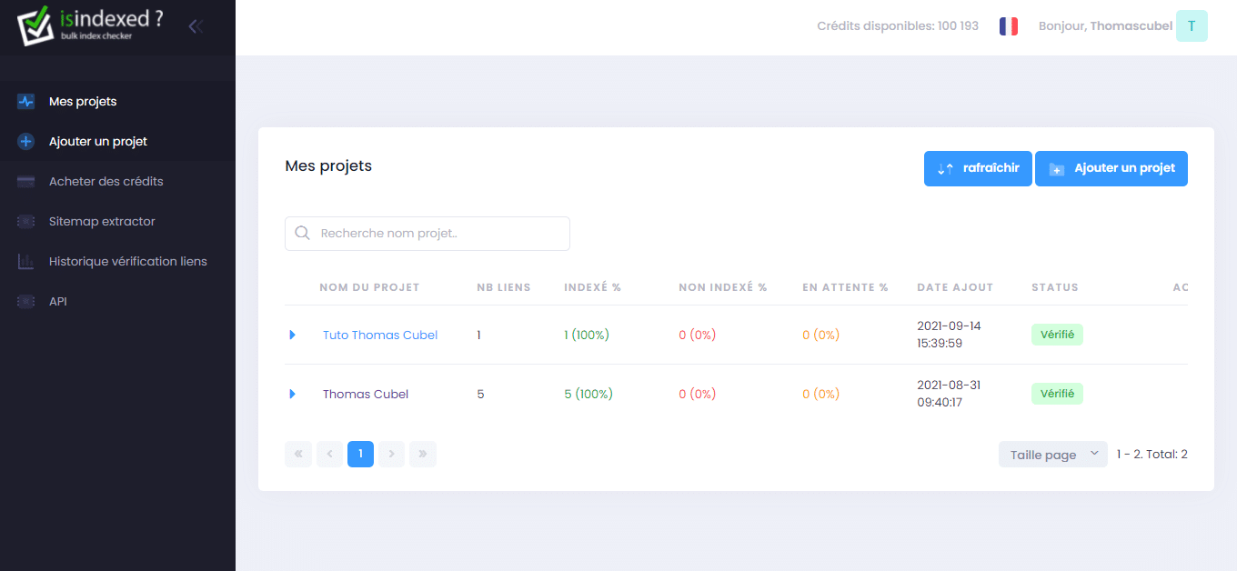 mes projets isindexed